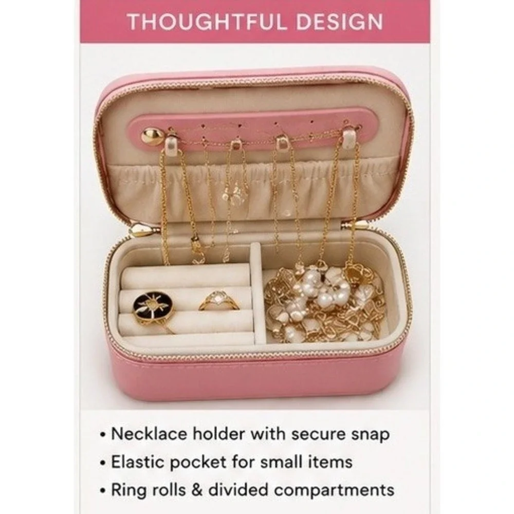 Cosmiya Pink Saffiano Vegan Leather‎ Travel Jewelry Case Organizer Box Dust Bag